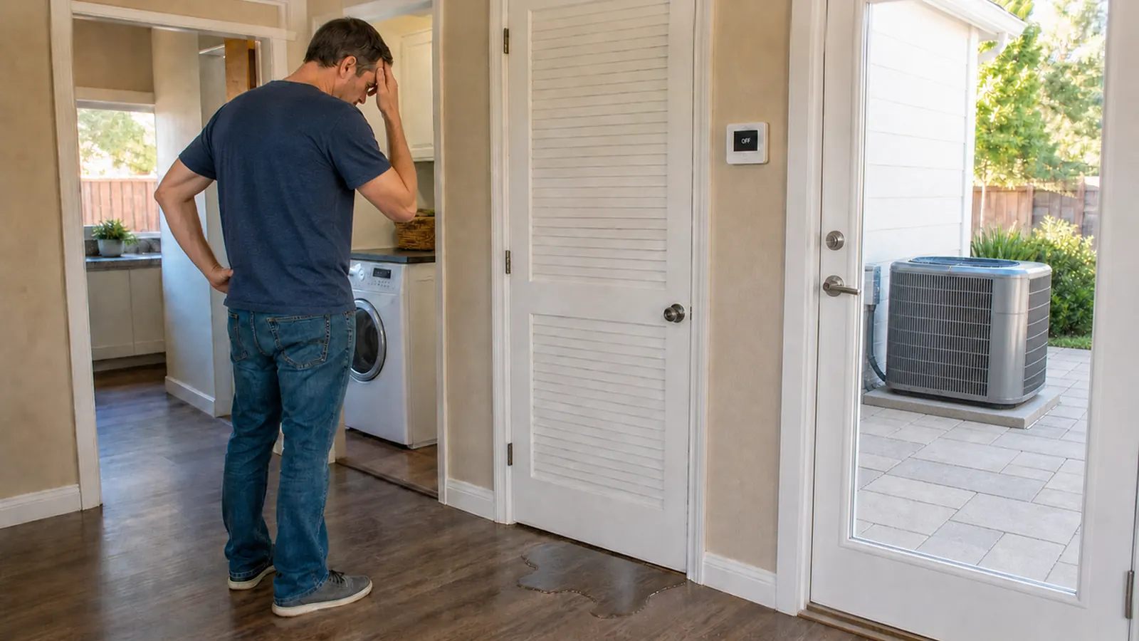 A homeowner observes water near a closed air handler from a dry doorway while the normal thermostat is set to off.