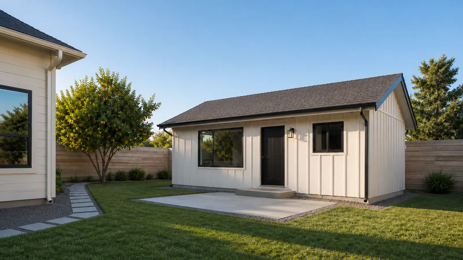 A single-story detached accessory dwelling unit with light board-and-batten siding in the backyard of a suburban South Bay home, with a paved walkway connecting it to the main house.