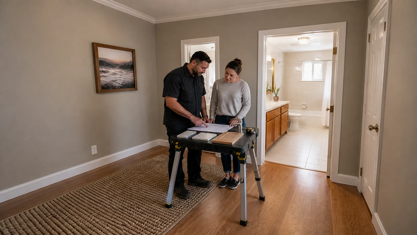 A contractor and homeowner reviewing a bathroom plan and finish samples beside an existing dated bathroom.