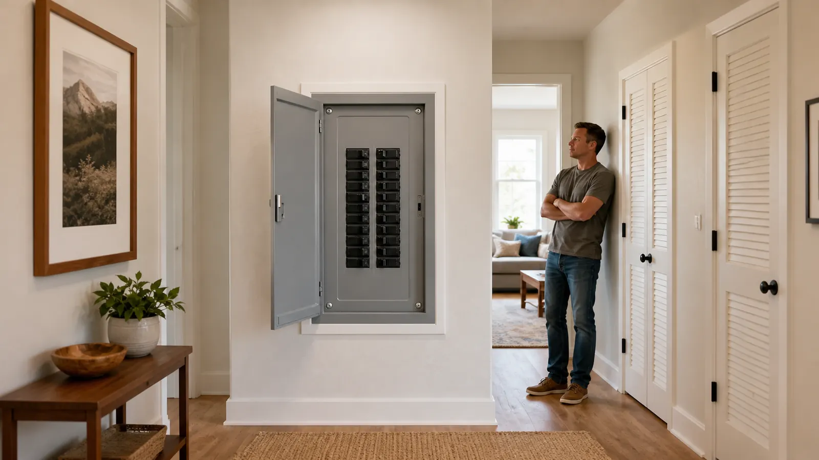 An open residential breaker-panel door reveals an intact dead-front and one tripped handle while a homeowner stays back.