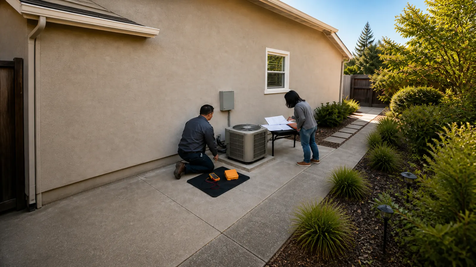A service professional and homeowner documenting an existing residential condenser before choosing a repair or replacement scope.