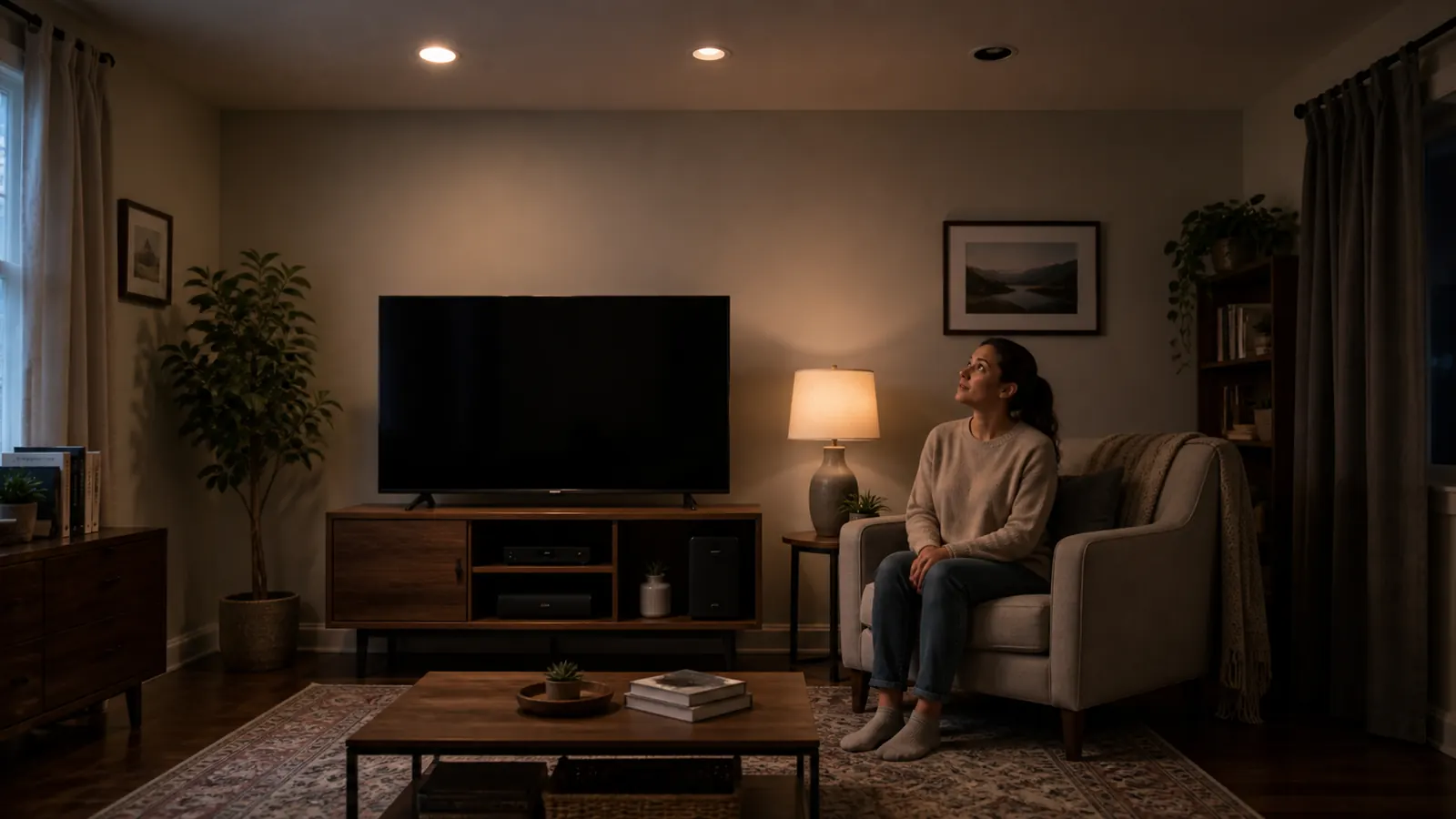 A homeowner looks up at uneven recessed lights in a furnished living room with a television and entertainment console.