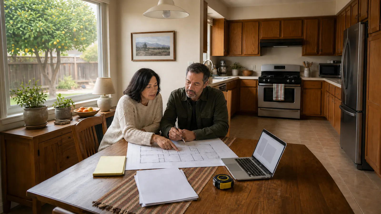 Two homeowners review unmarked residential plans and blank permit-planning documents at a dining table in a modest, lived-in San Jose home.