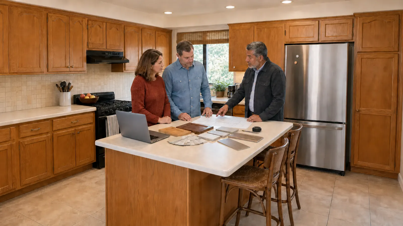 A husband and wife review cabinet, countertop, tile, and flooring samples with a general contractor in their furnished, dated San Jose kitchen.