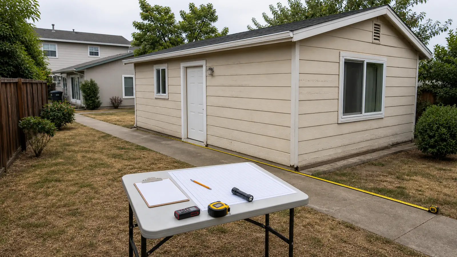 A modest detached backyard cottage in Northern California being measured for as-built plans before a permit application.