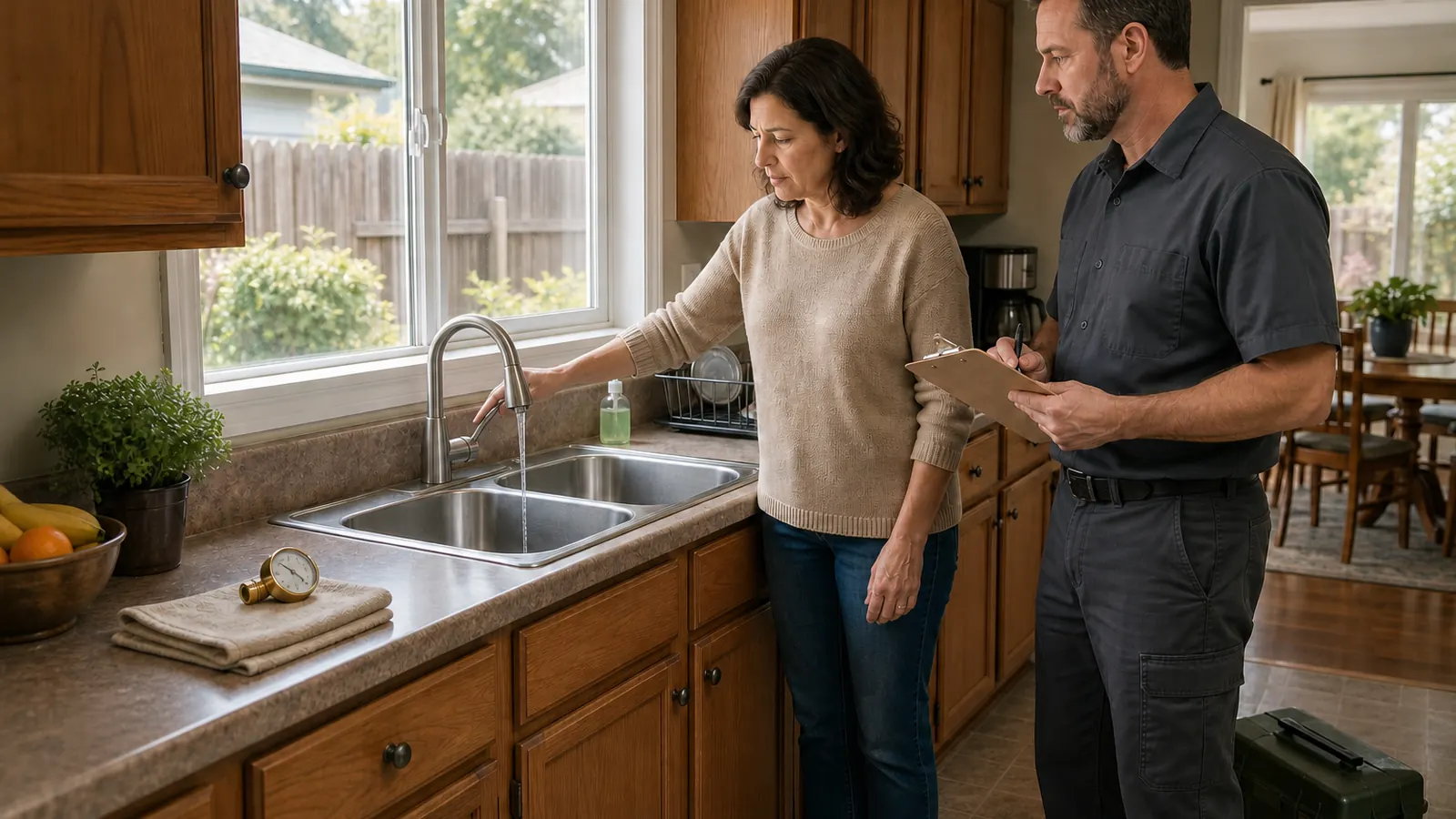 A homeowner checks a weak stream from a kitchen faucet while a plumbing professional records the symptom and an unused gauge rests nearby.