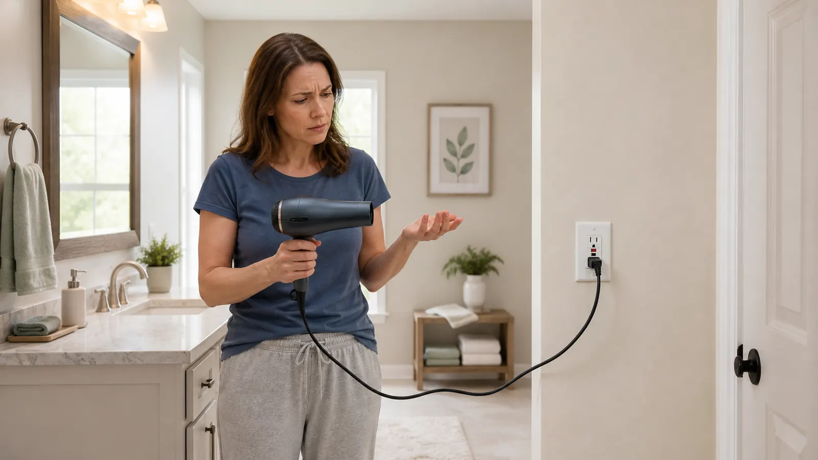 A frustrated homeowner holds an unresponsive hair dryer plugged into a dry bathroom GFCI receptacle.