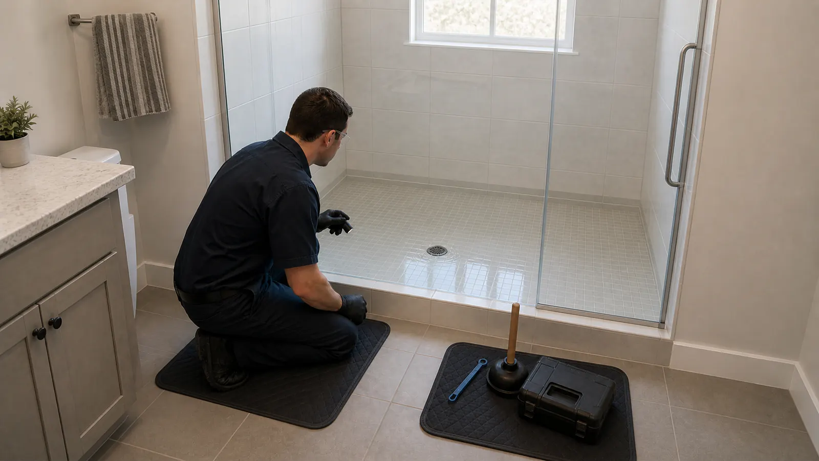 A plumber observes clear standing water around a shower drain without using a tool.