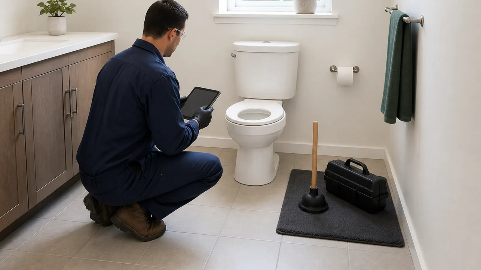 A plumber documents a recurring toilet clog while the bathroom floor remains dry.