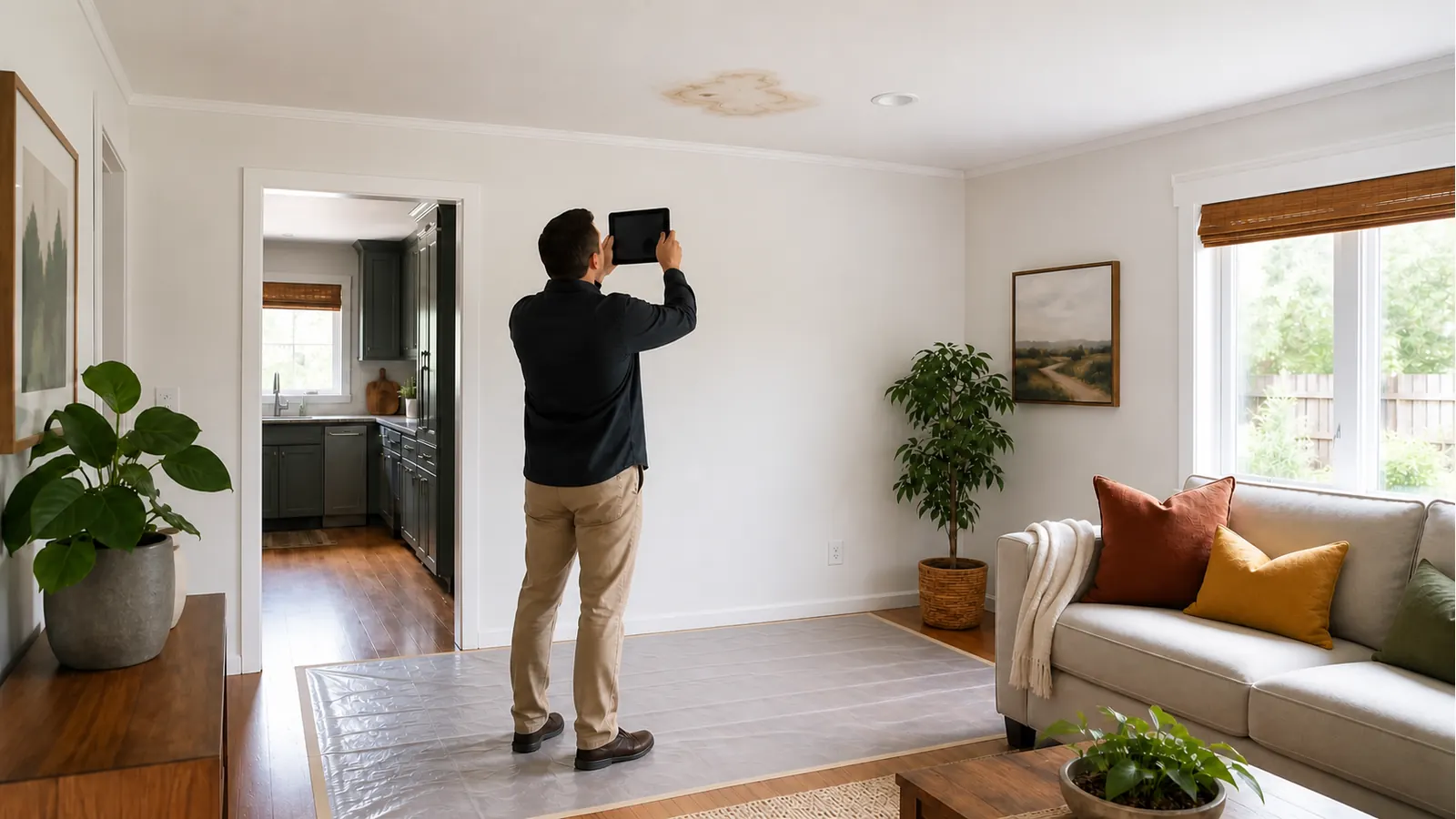 A professional photographs a small ceiling water stain from outside a protected work area.