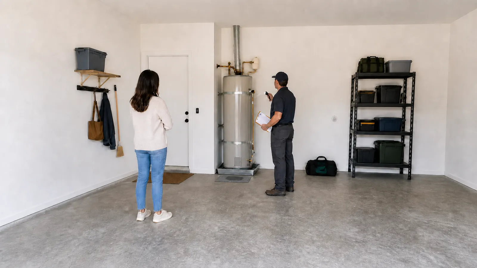 A contractor visually assesses an intact water heater while a homeowner stays back from the equipment area.
