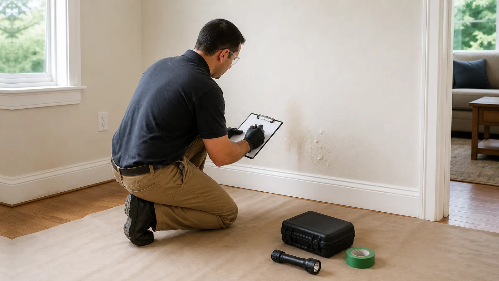 A professional documents a subtle wall leak while the painted wall remains intact.