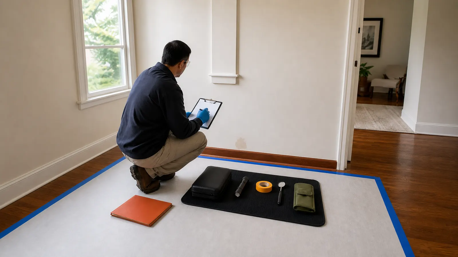 A restoration professional documenting a small leak-damaged drywall area before deciding what to open or retain.